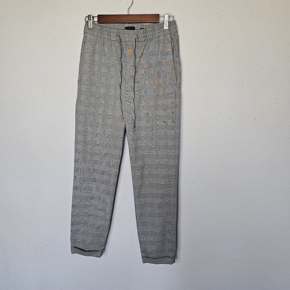 HM Womens XS Slim Fit Grey Glen Check Plaid‎ Trousers Elastic Drawstring Cuffed